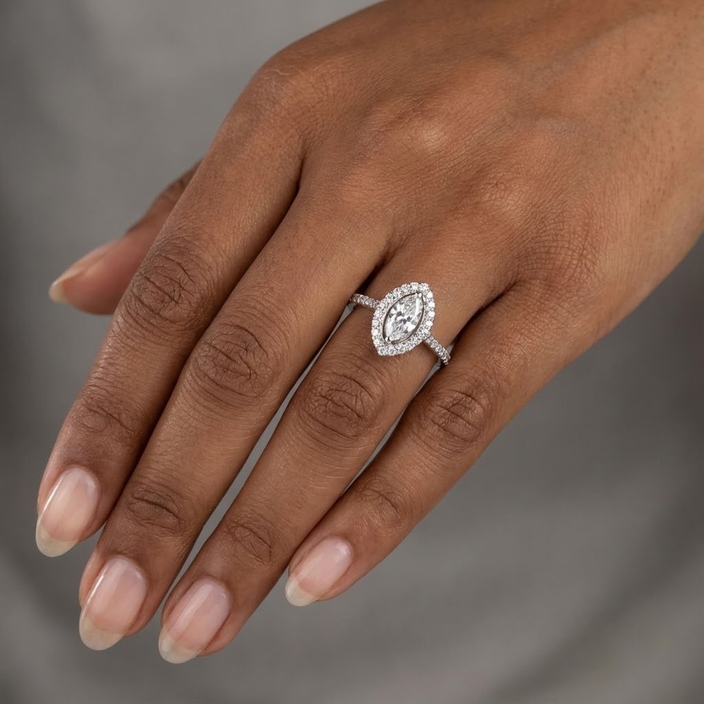 Engagement Ring 14K White Gold Halo Marquise 1.18 Carat Lab-Grown Diamond D VS1
