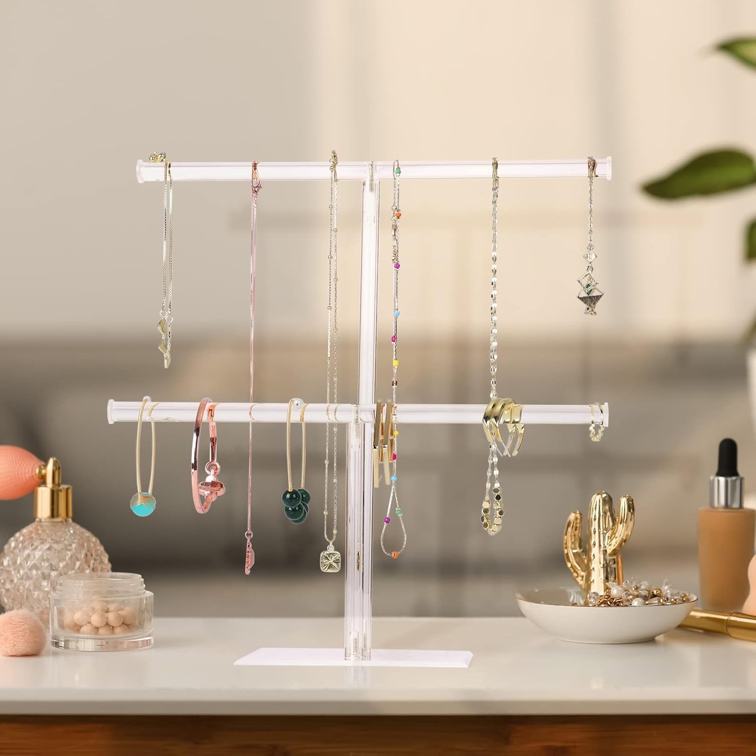Modern 2-Tier Acrylic Necklace and Bracelet Stand – Tangle-Free Jewelry Display