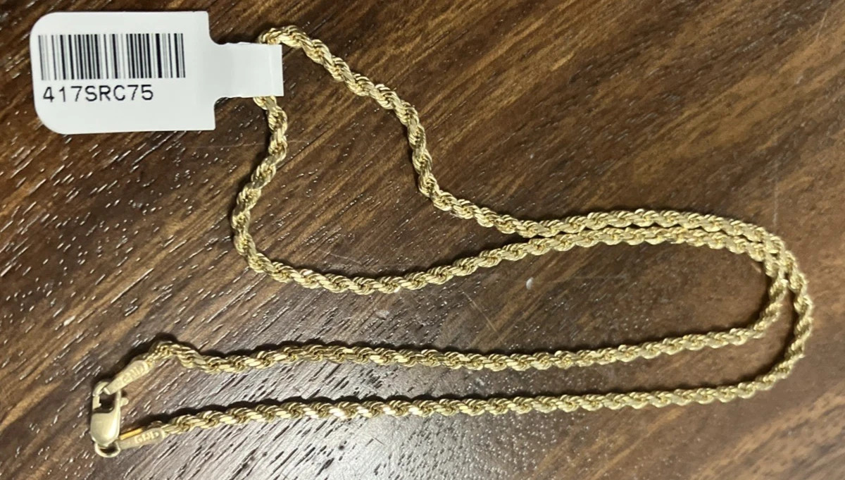 10kt Real Solid Gold Rope Chain Necklace 7.5grams 2.45mm 16” GND Brand NWT 10K