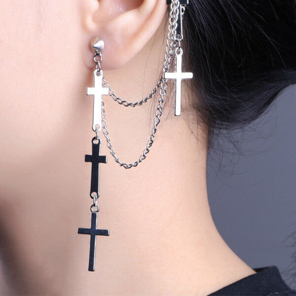 Gothic Punk Cuff Dangle Drop Cross Earrings-Long Chain Stud Tassel, Gift, Silver