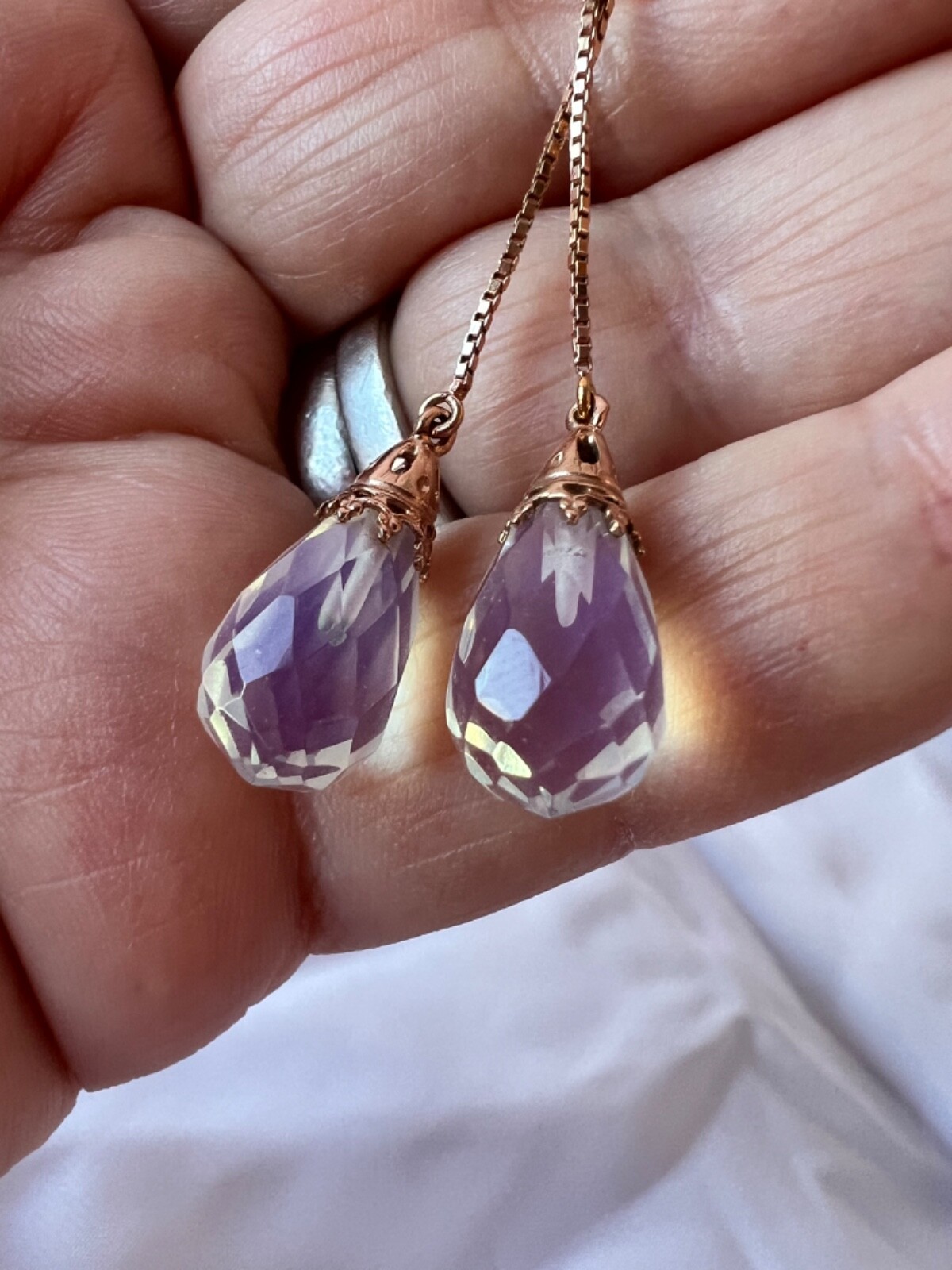 14K PINK ROSE GOLD MOONSTONE THREADER PULL THROUGH CHAIN DANGLE DROP EARRINGS