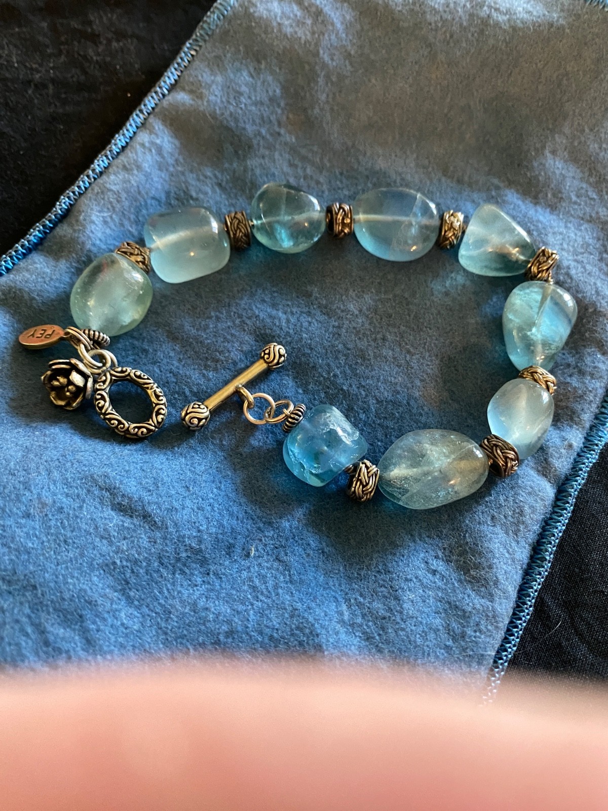 VTG Blue Fluorite Chunky Pebble Stone Bracelet Silver Tone Toggle Clasp Rose