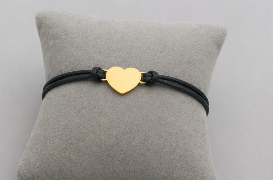 Custom Engraved Heart Bracelet Adjustable Black Cord Personalized Name Gift