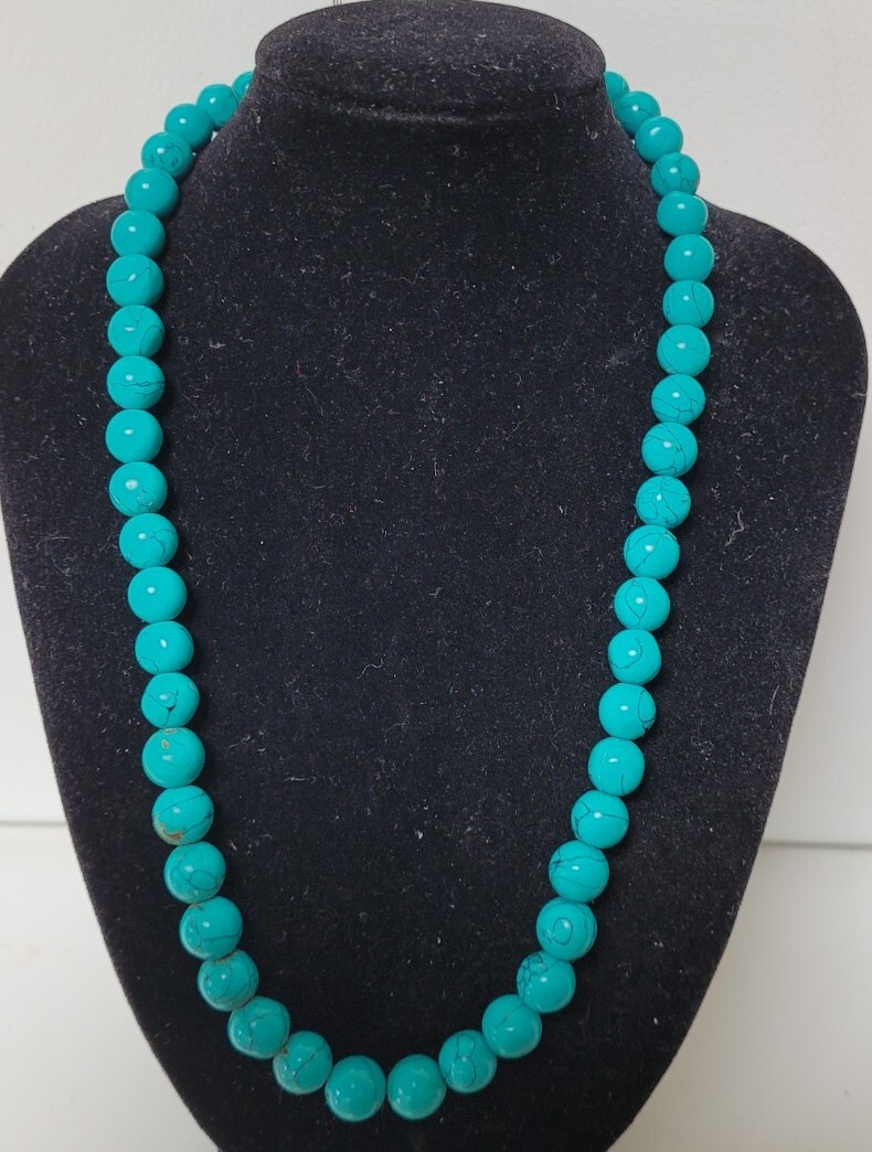 Vintage 45cm Blue Green Teal 180 Carat Turquoise Howlite 9mm Bead Necklace 39grm