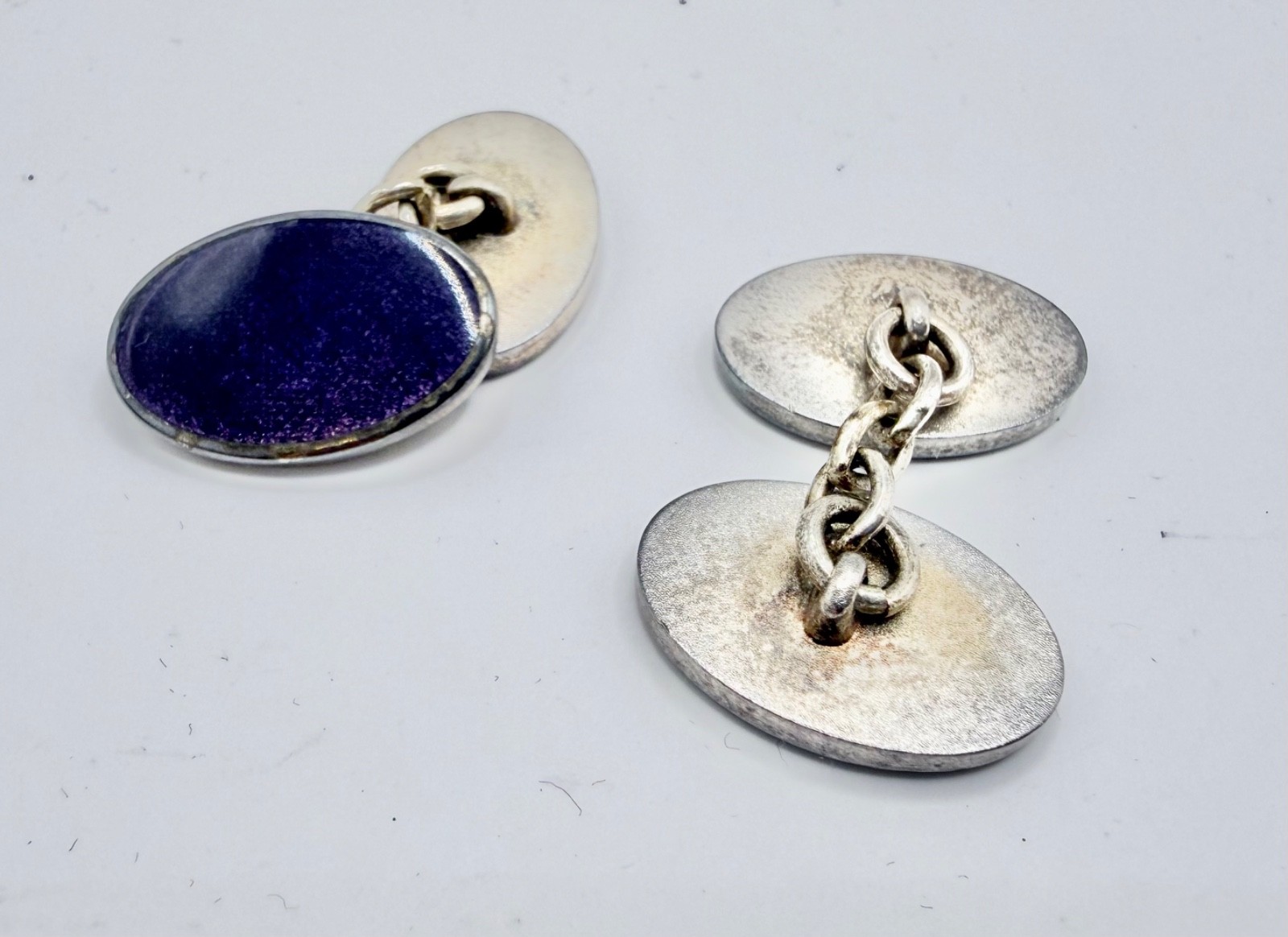 Vintage Deep Blue Enamel Oval Chain Link Cufflinks