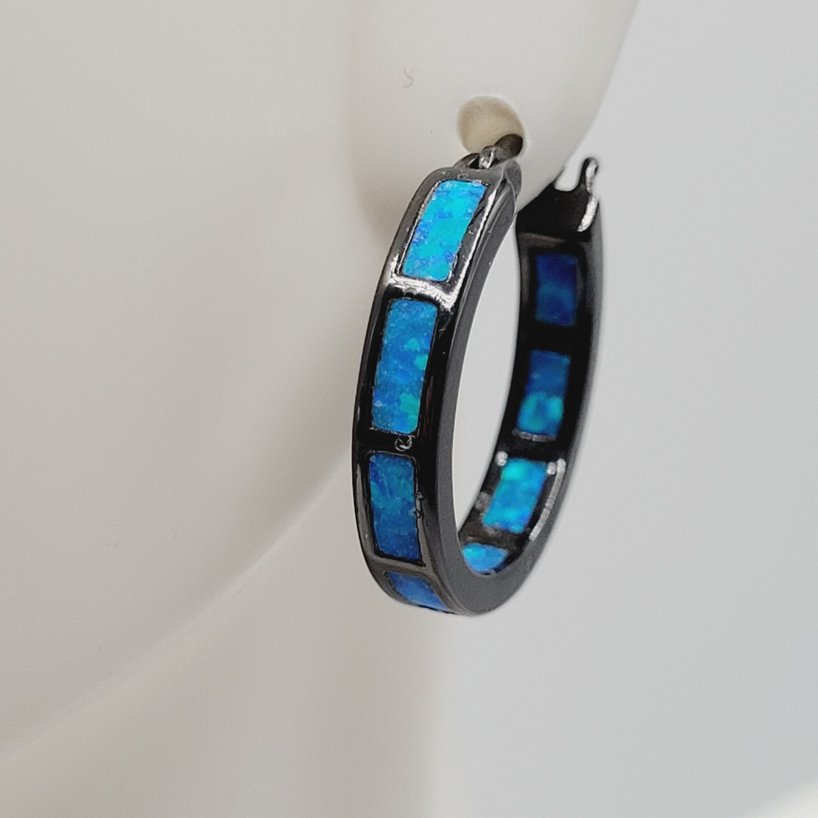 Blue Shade Opal Lab Created Inlay Dark Gunmetal Tone Small Hoop Pierced Earrings