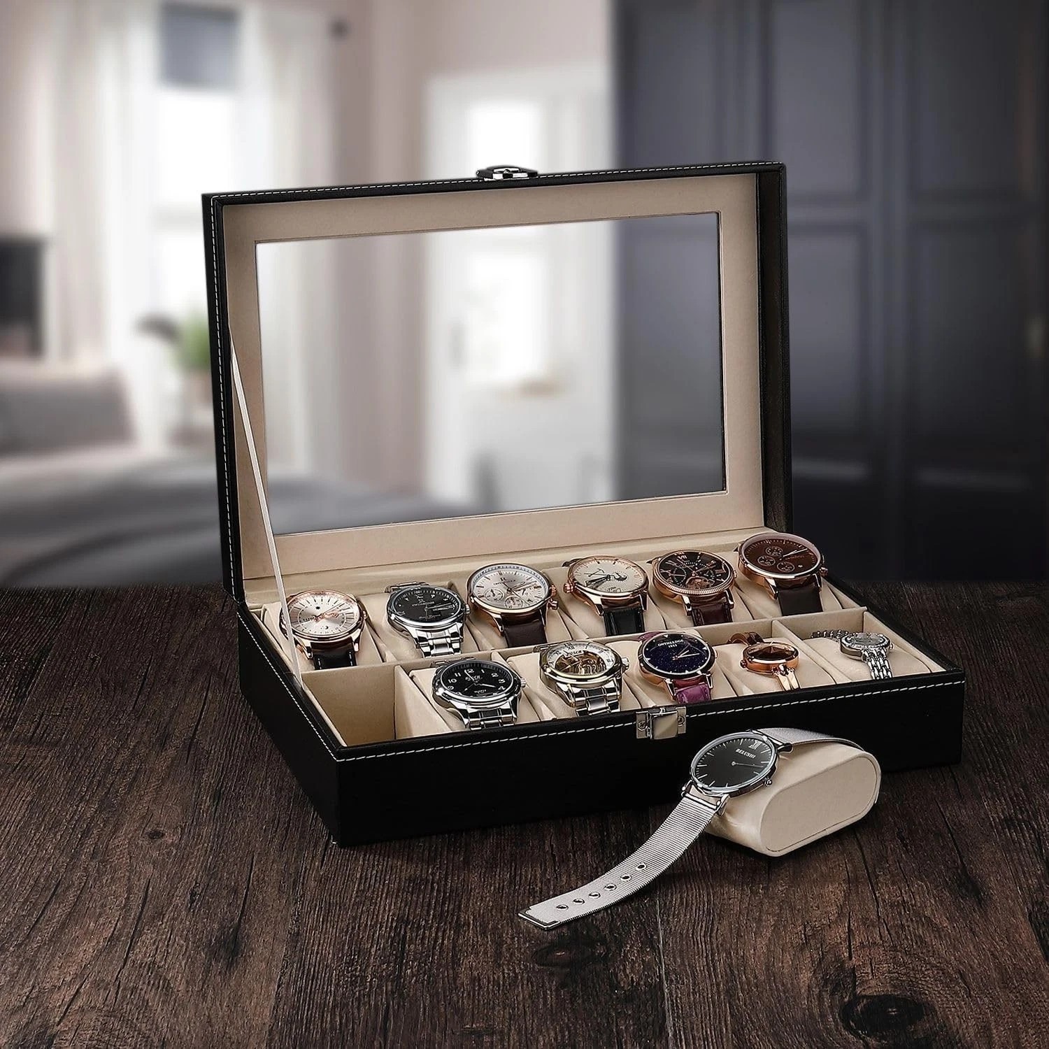 12 Slots PU Leather Wrist Watch Display Box Storage Holder Organizer Case —