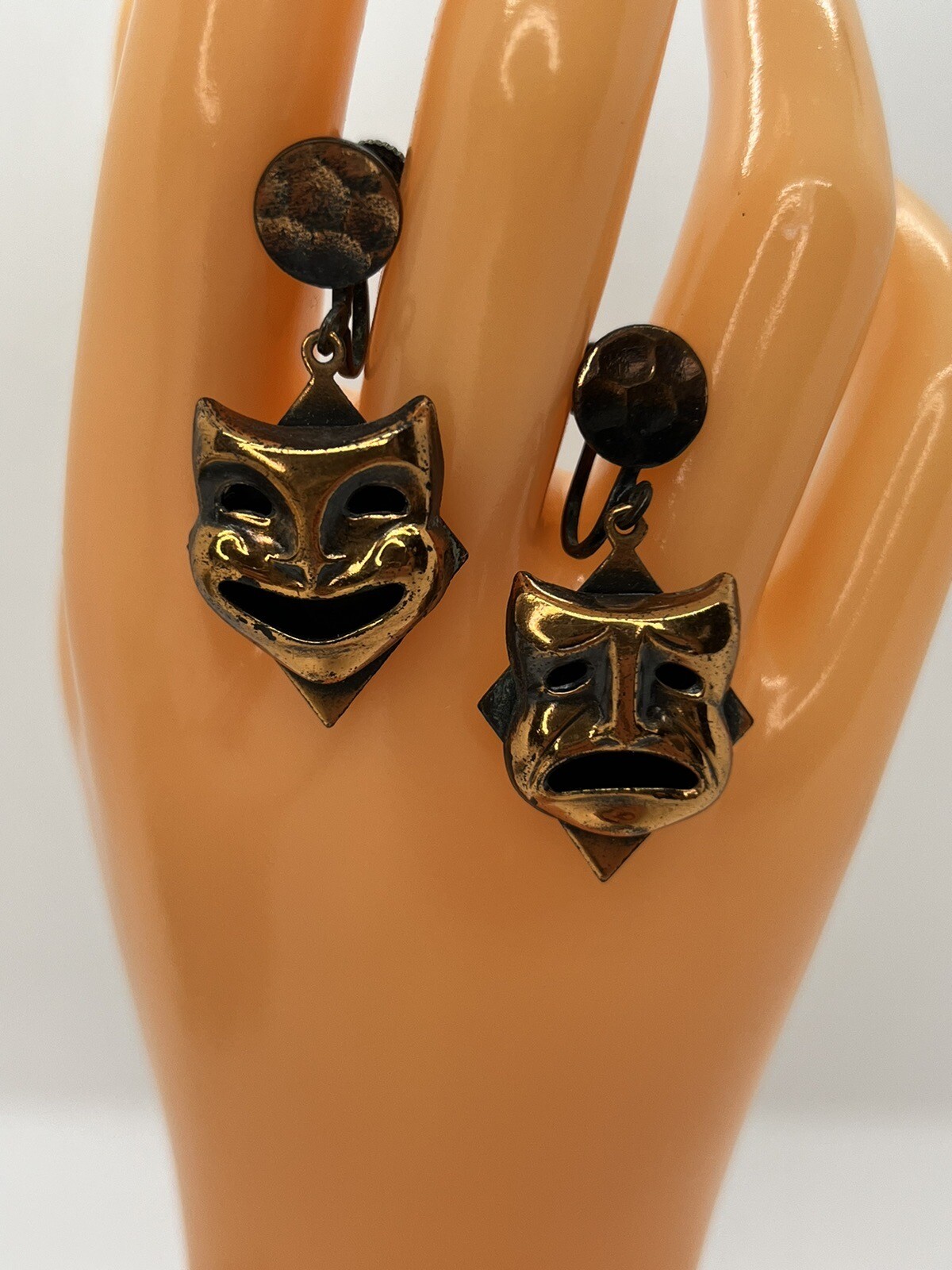 Vintage Drama Comedy & Tragedy Face Masks Copper Dangle Screwback Earrings