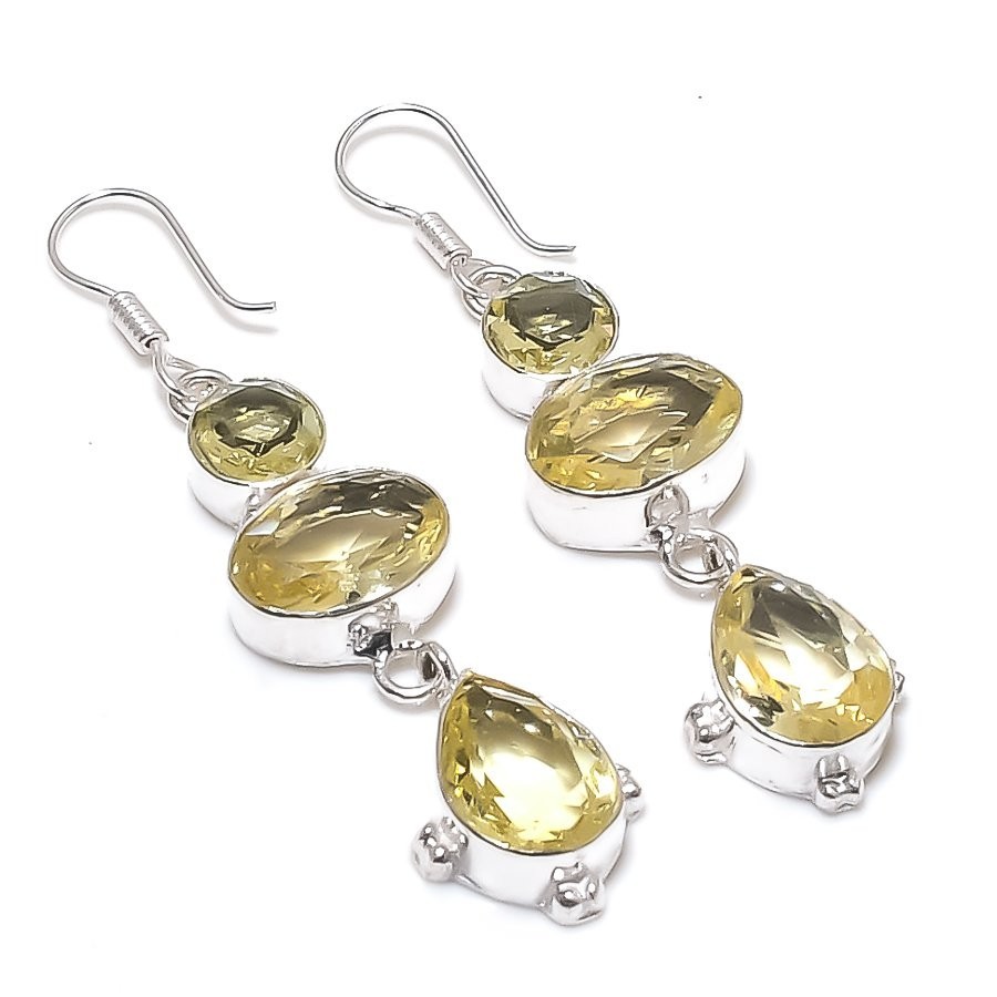 Lemon Quartz Gemstone Handmade 925 Sterling Silver Jewelry Earring Size 2.6″
