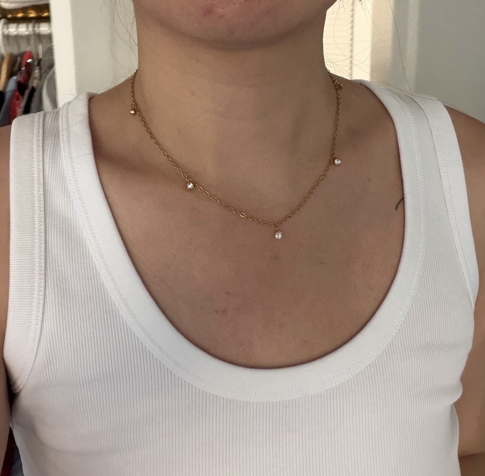 Gold Dainty CZ Station Necklace Minimalist Crystal Choker Chain for Women