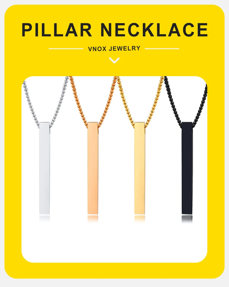 5mm Stainless Steel 3D Bar Pillar Pendant Necklace Men Women Unisex Casual