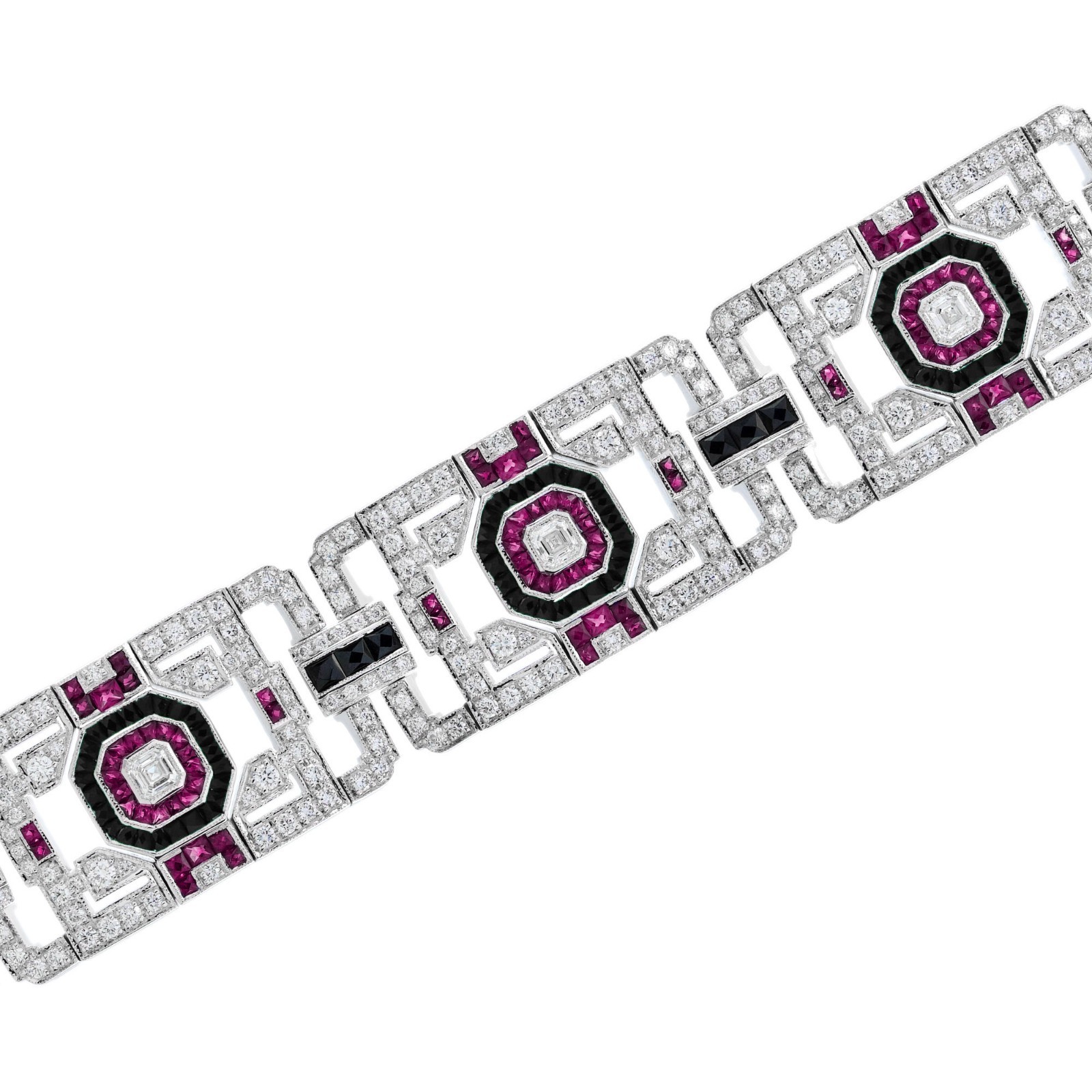 18K White Gold Diamond Ruby Onyx Art Deco Geometric Link Bracelet