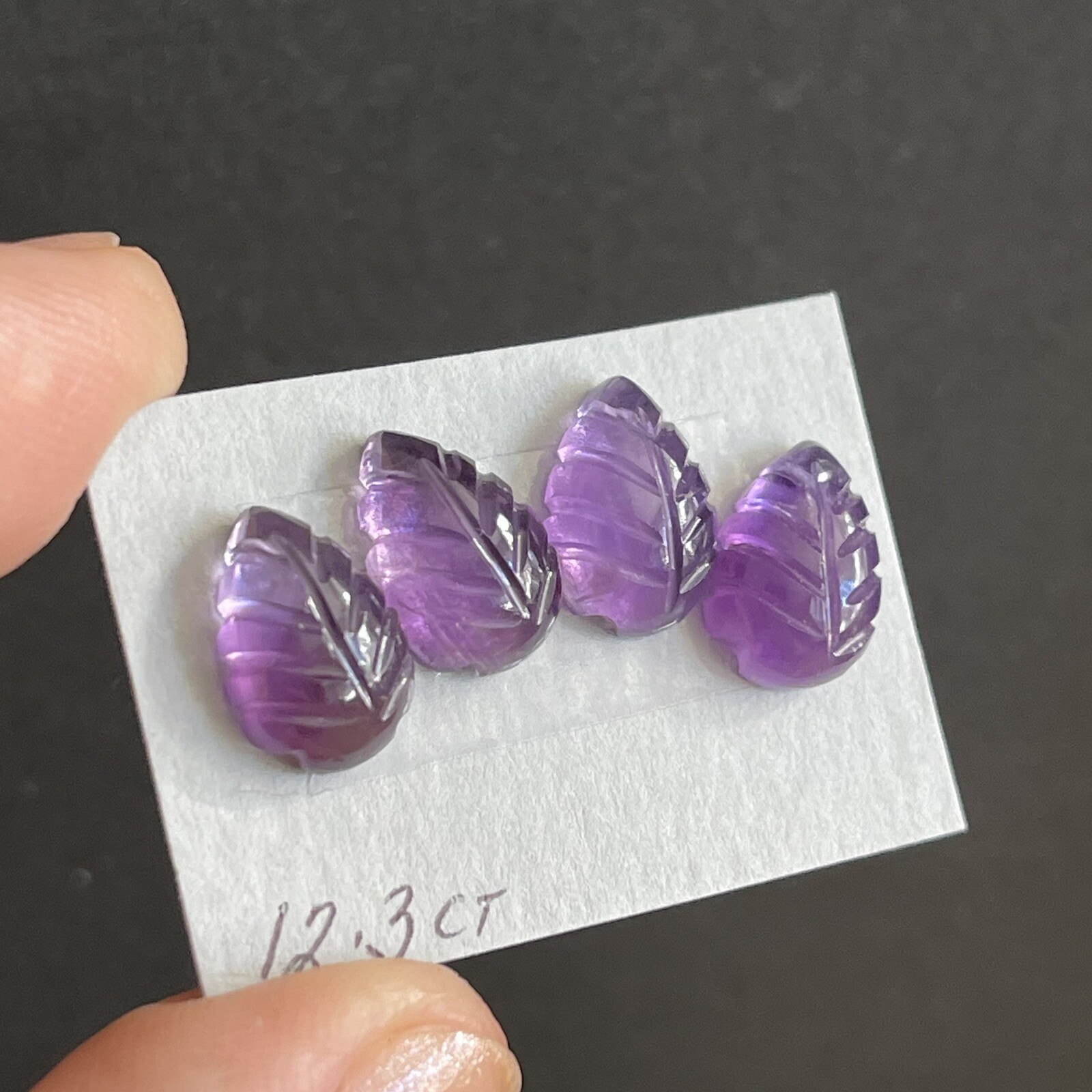 12.3ct 12x8x5mm 4pc Lot Purple Leaf Carved Flat Back Amethyst Cabochons Gems