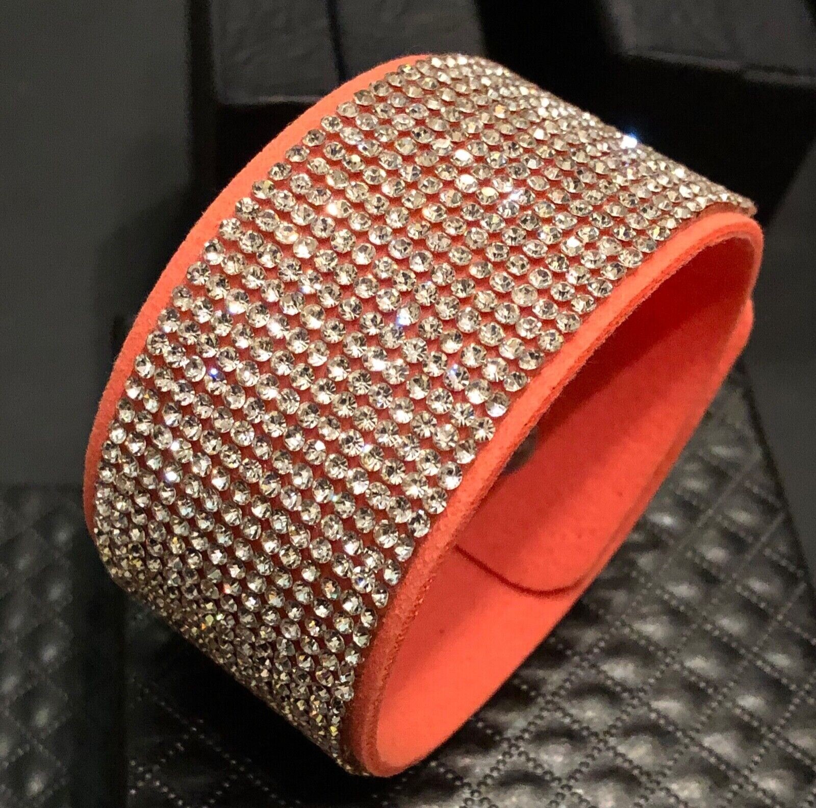 Swarovski Element Crystal Wrap Bracelet Orange Alcantara Leather Wide Bling Cuff