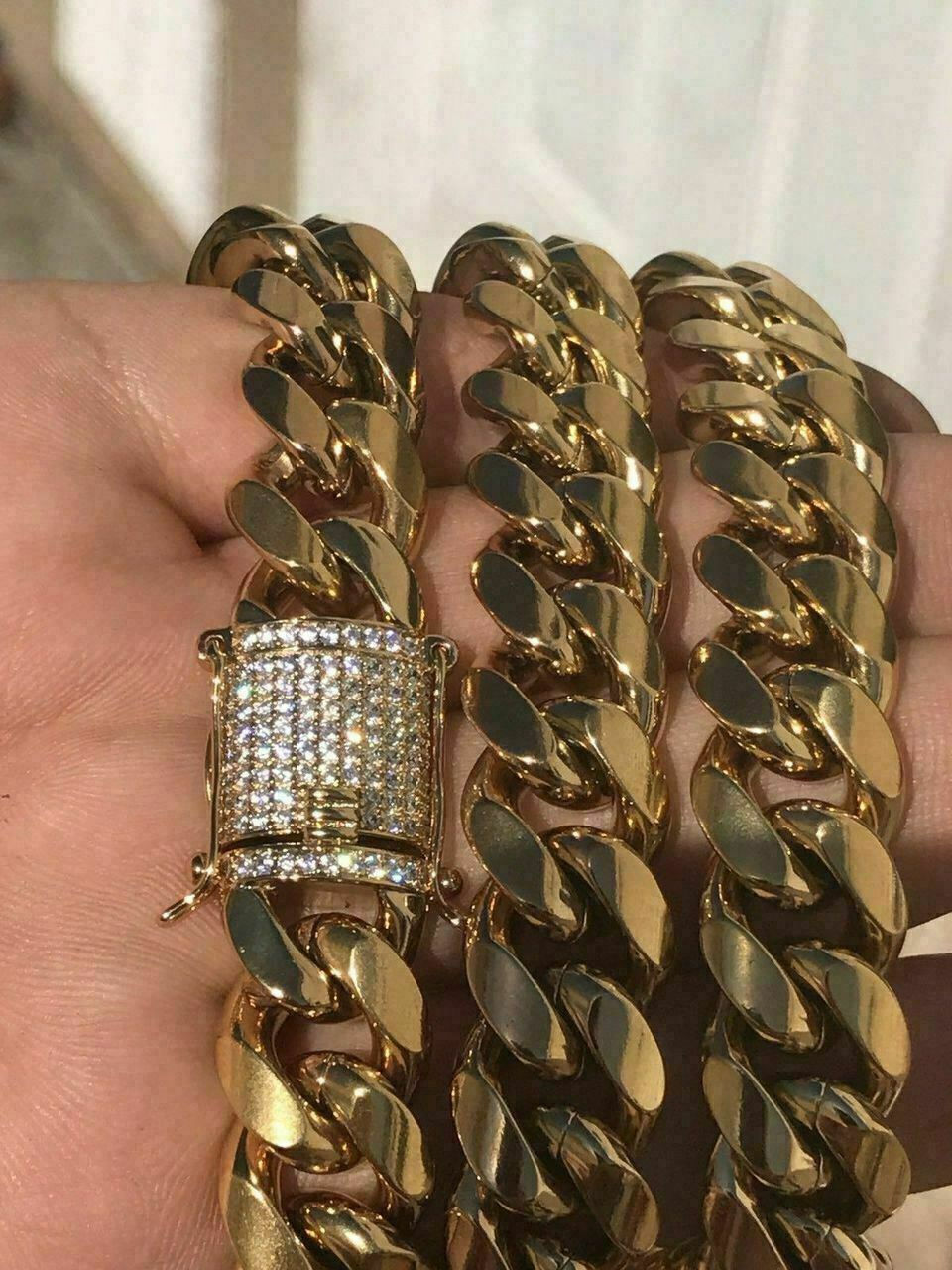 Miami Cuban Link Chain 18k Gold Plated Stainless Steel 14mm CZ Clasp Big Hip Hop