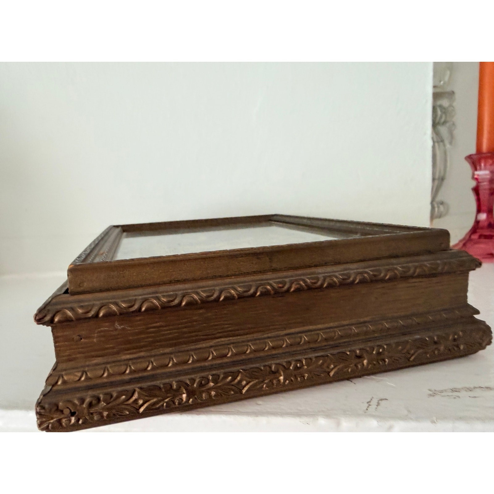 Antique Wood Jewelry Box French Salon Engraving Lid Mirror Compartments 1920s