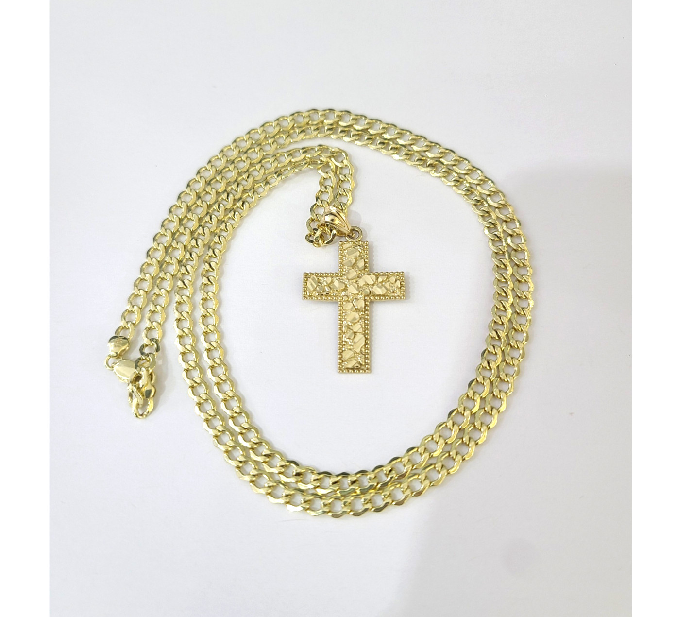 10K Gold Cuban Curb Chain Necklace Nugget Cross 1.25″ Pendant Set 3mm 18″–24″