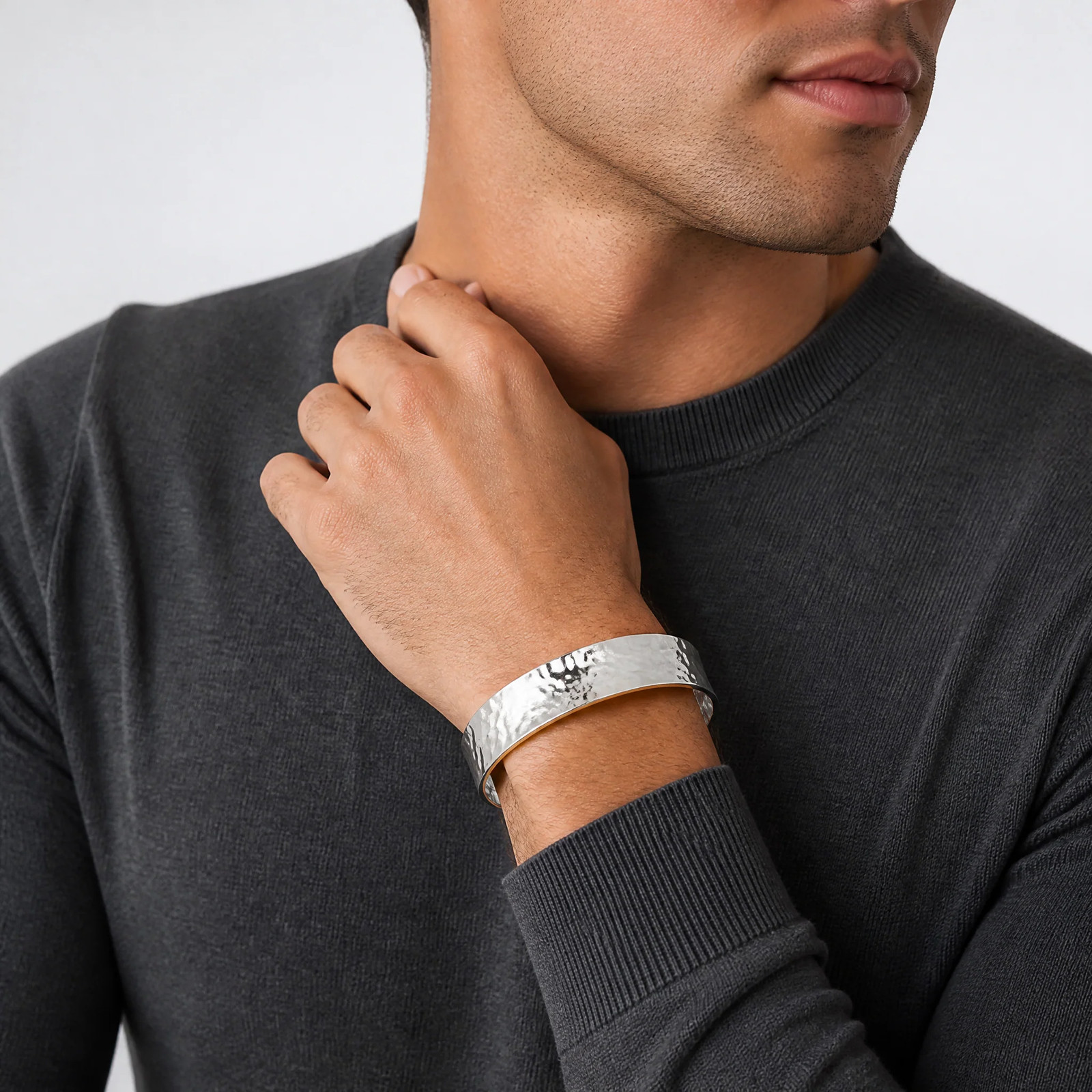 Sterling Silver 20mm Domed Hammered Cuff Bangle