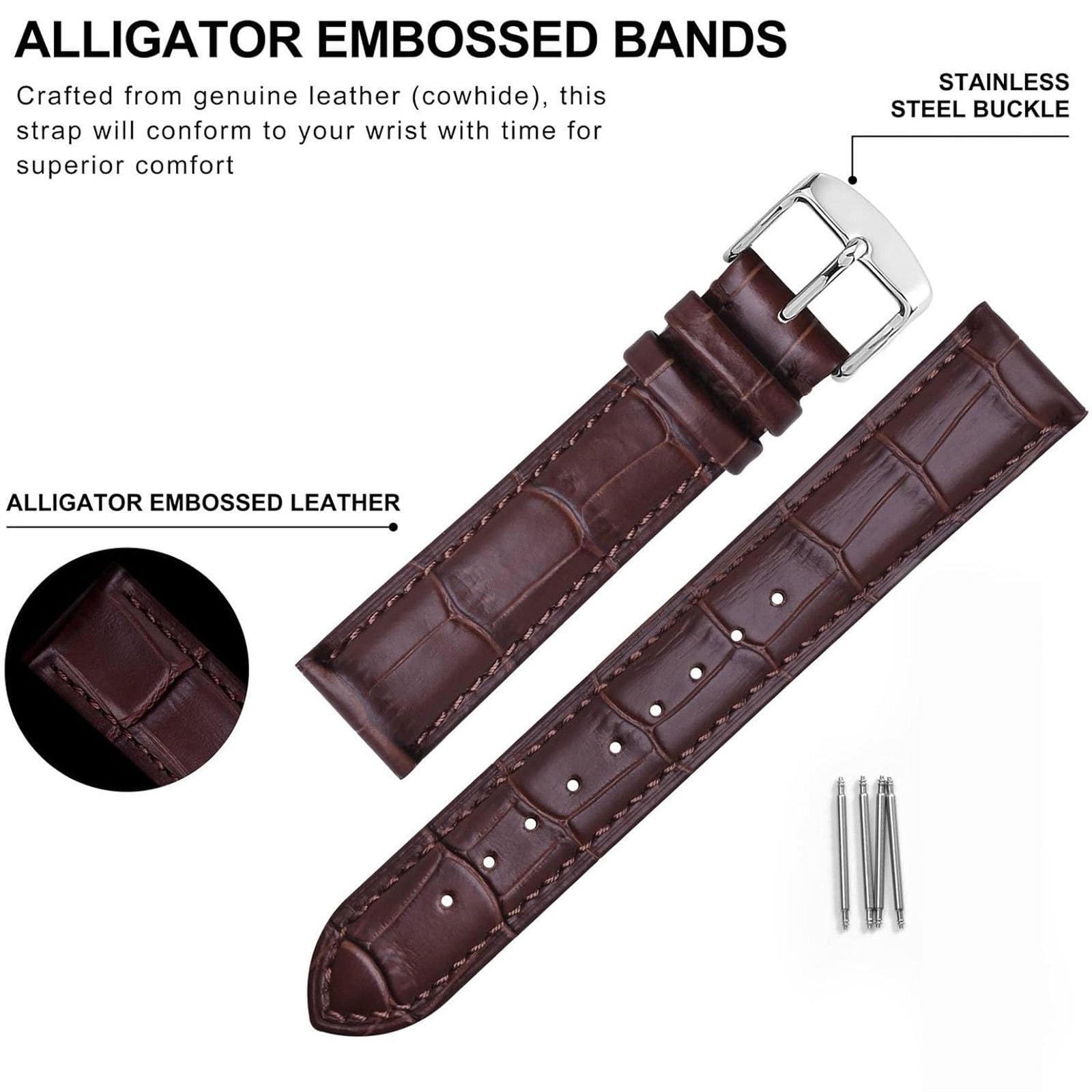 Genuine Leather Replace Stainless Steel Buckle Spare Watch Strap Width18-24mm