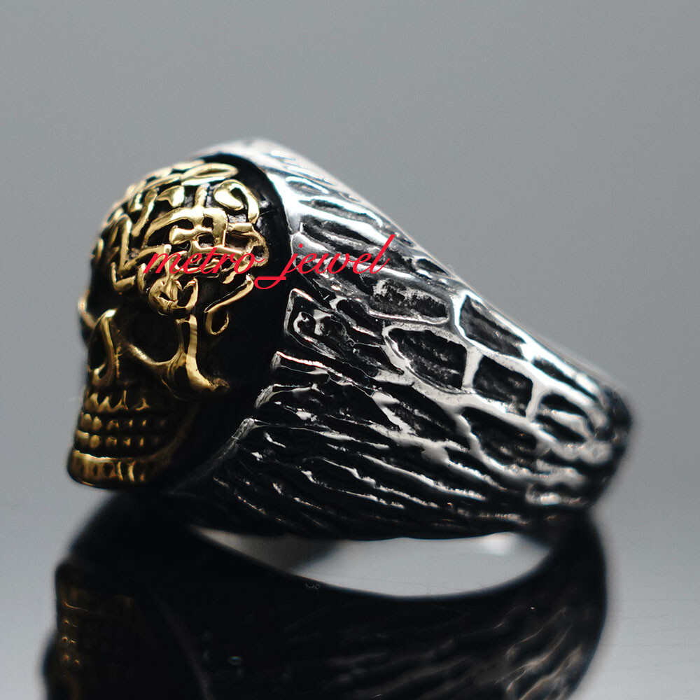JXC Mens Two Tone Gold Plated Biker Skull Ring Stainless Steel Size 7 8 9 10-14