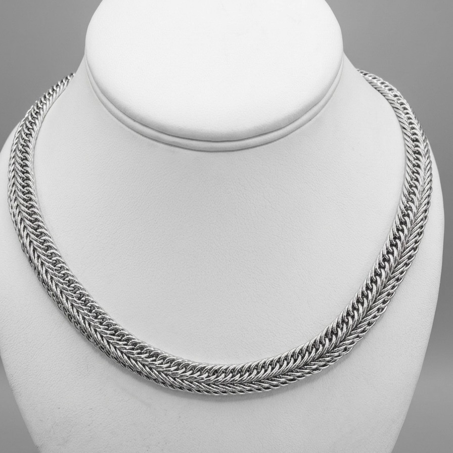 925 Sterling Silver Rhodium Finish Luxury 18″ Wheat Woven Chevron Link Necklace