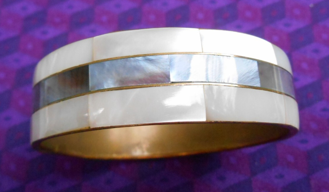 Bangle Bracelet White & Gray Inlaid Mother of Pearl Shell Jewelry