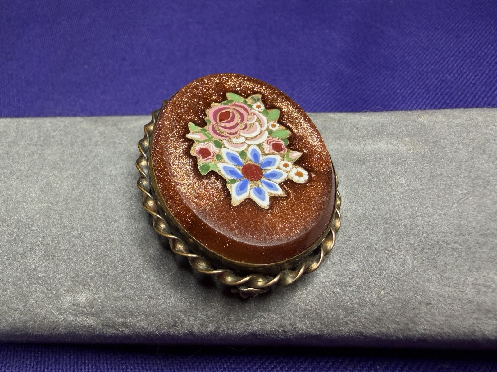 Vintage Italian Pietra Dura Micro Mosaic Floral Brooch Pin Goldstone Setting