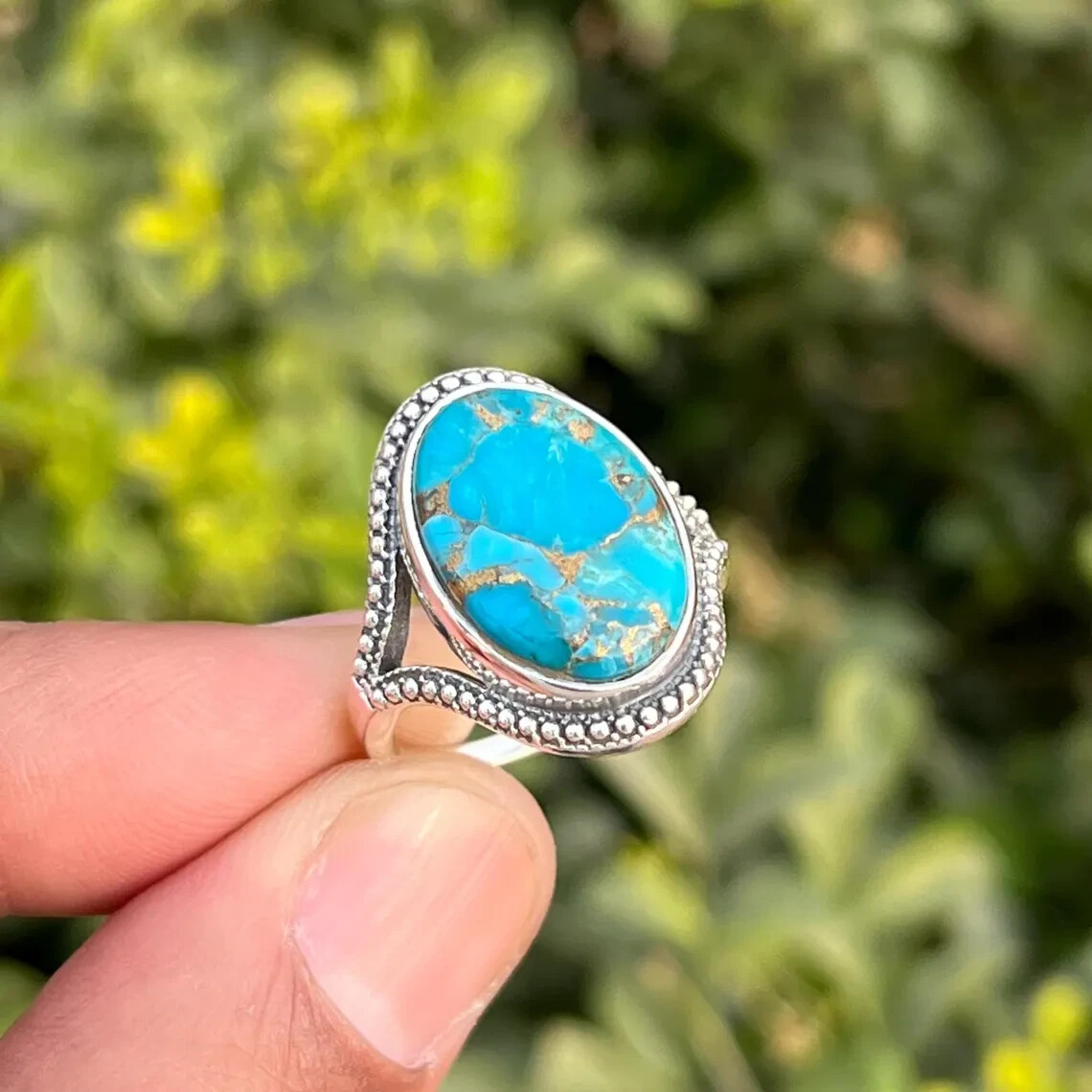 Blue Copper Turquoise Eye Shape Ring-925 Sterling Silver Split Shank Ring Gift