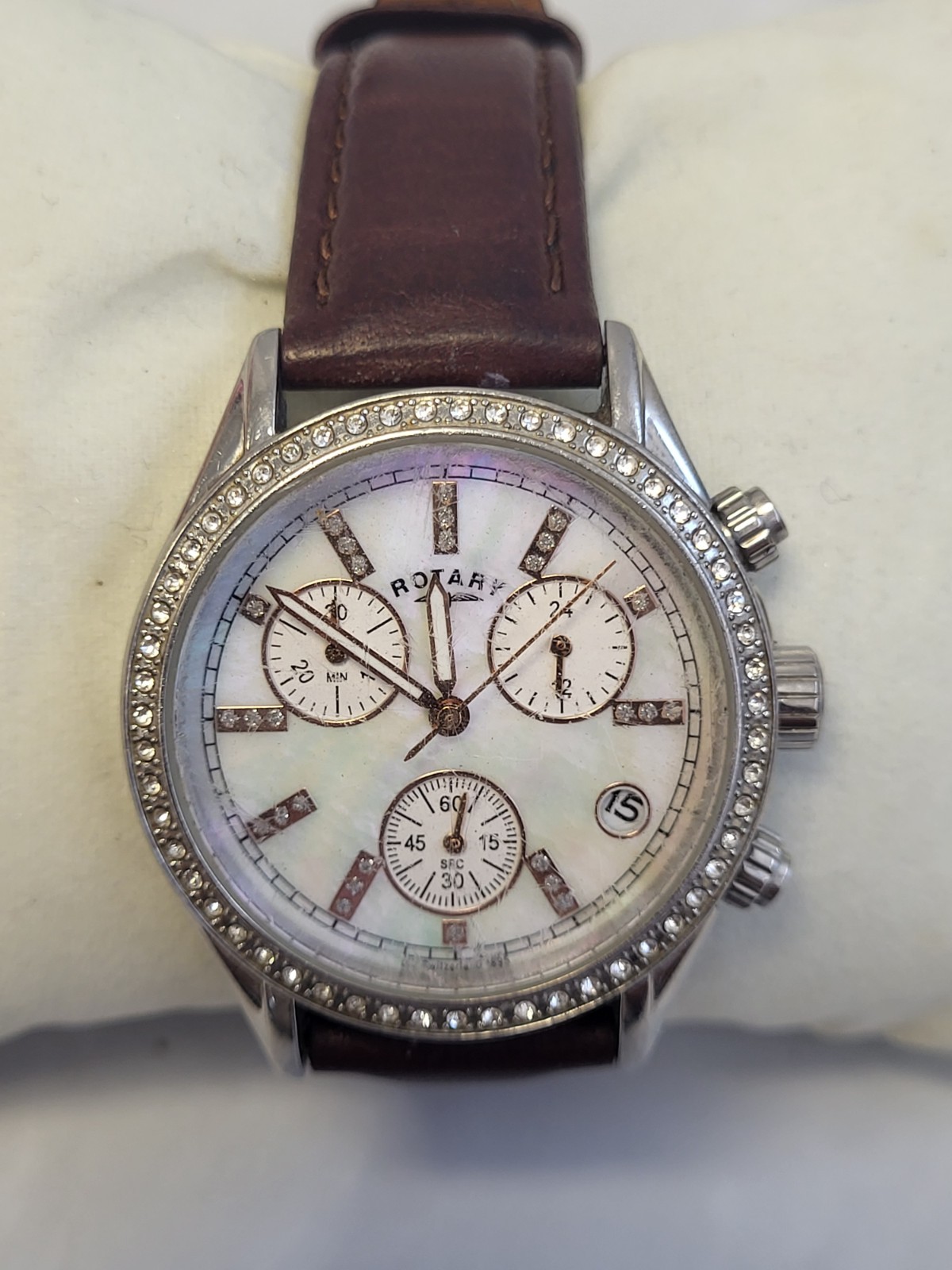 Rotary Chronograph Watch Mother Of Pearl Dial & Leather Strap. PD