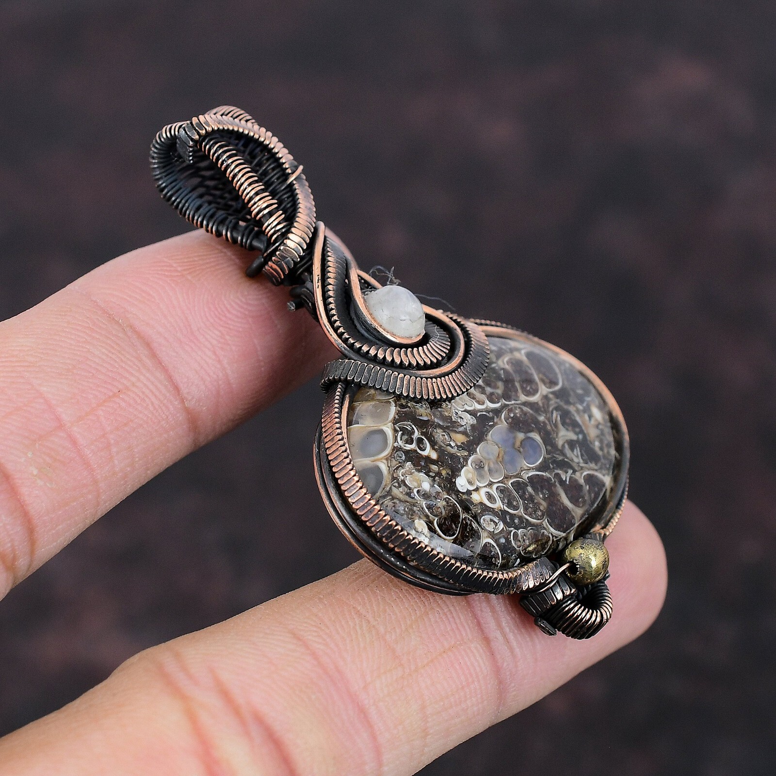 Gift For Her Copper Turritella Agate Gemstone Jewelry Wire Wrapped Pendant 2.36″