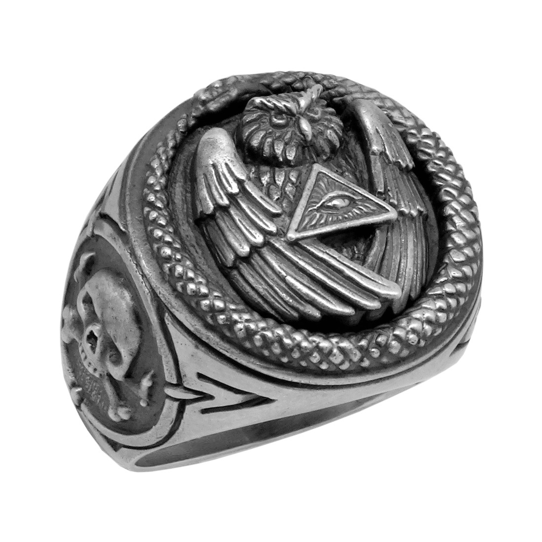 Masonic All Seeing Eye Snake Illuminati Owl Skull Biker Silver Men’s Ring