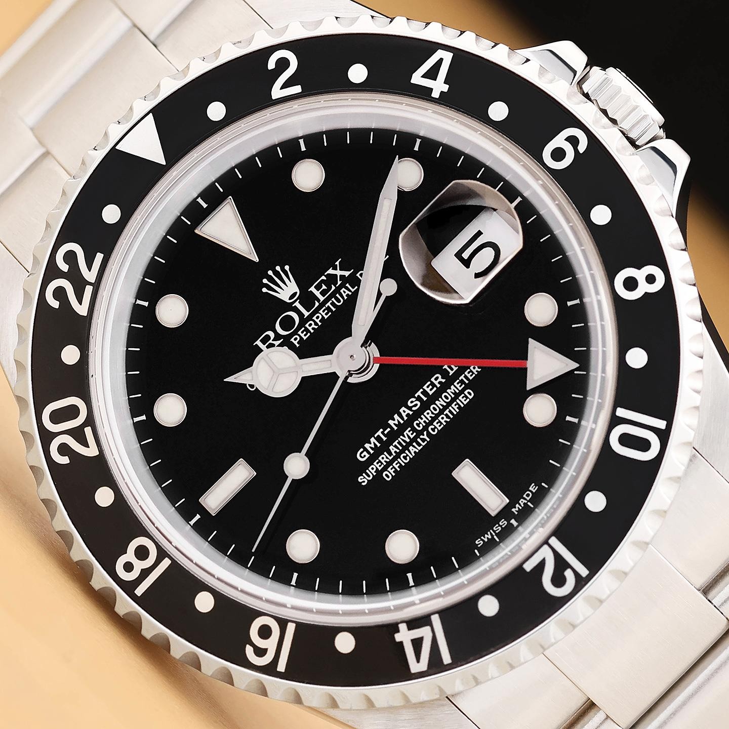 2002 ROLEX MENS GMT MASTER II 16710 BLACK DATE 40MM STAINLESS STEEL WATCH