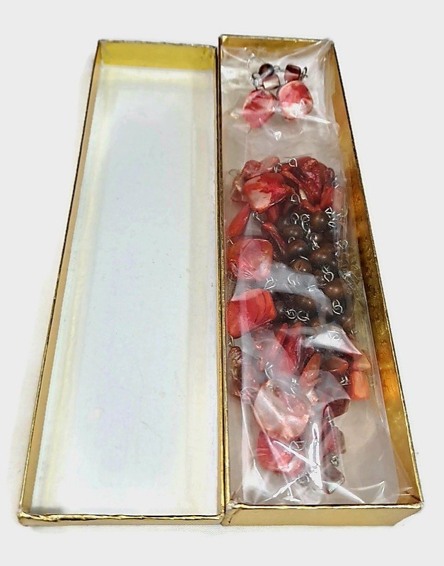 Iridescent Peach Mother of Pearl Shell 3-Strand Statement Necklace & Earring Set