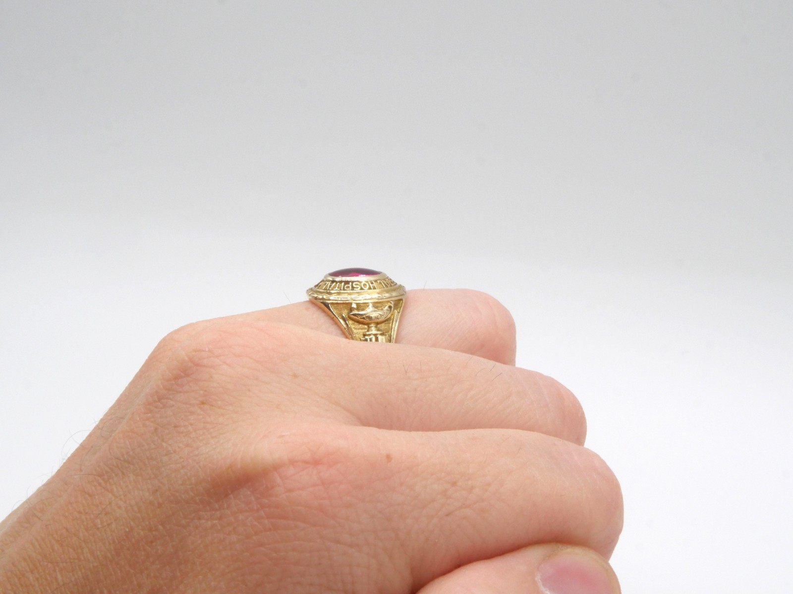 Antique 1931 10K Gold Lab Created Flame Fusion Ruby, Lancaster Hospital Ring