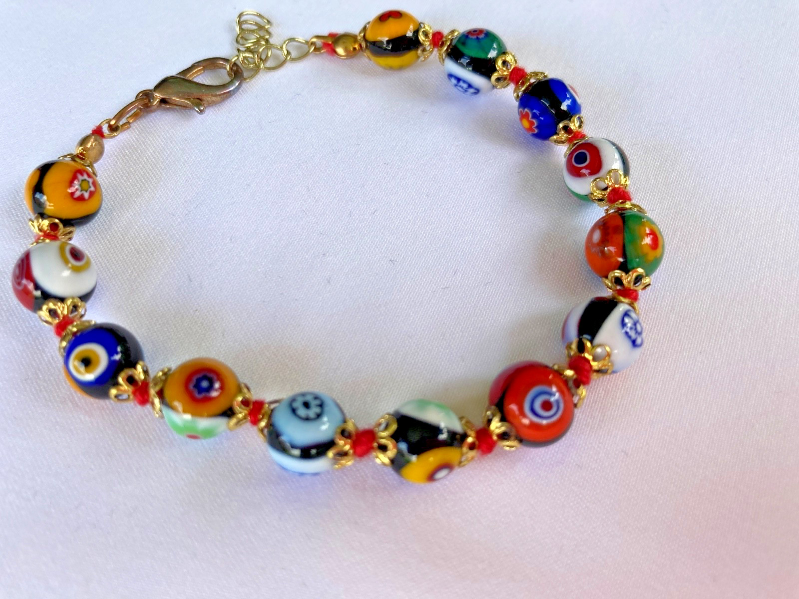 Vintage Murano Style Millefiori Glass Bead Bracelet Italy 7.5″ Hand Knotted