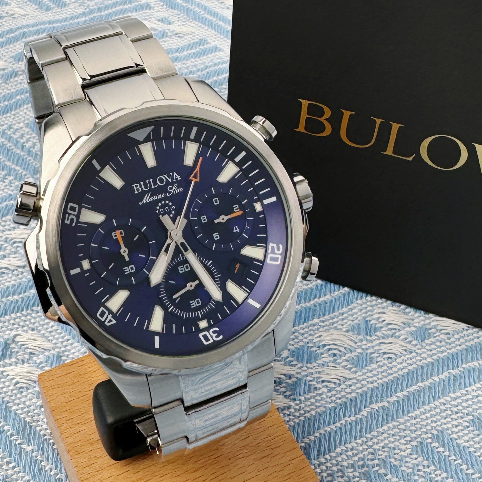 New Bulova Marine Star Chronograph Men’s Watch Blue Dial 43mm/96B256