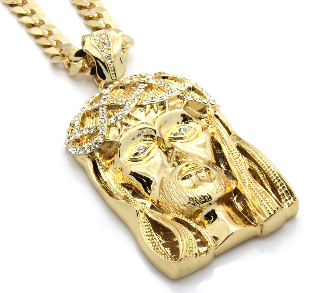 14k Gold Plated 30″ Cuban Chain Iced Cubic Zirconia Crowned Jesus Large Pendant