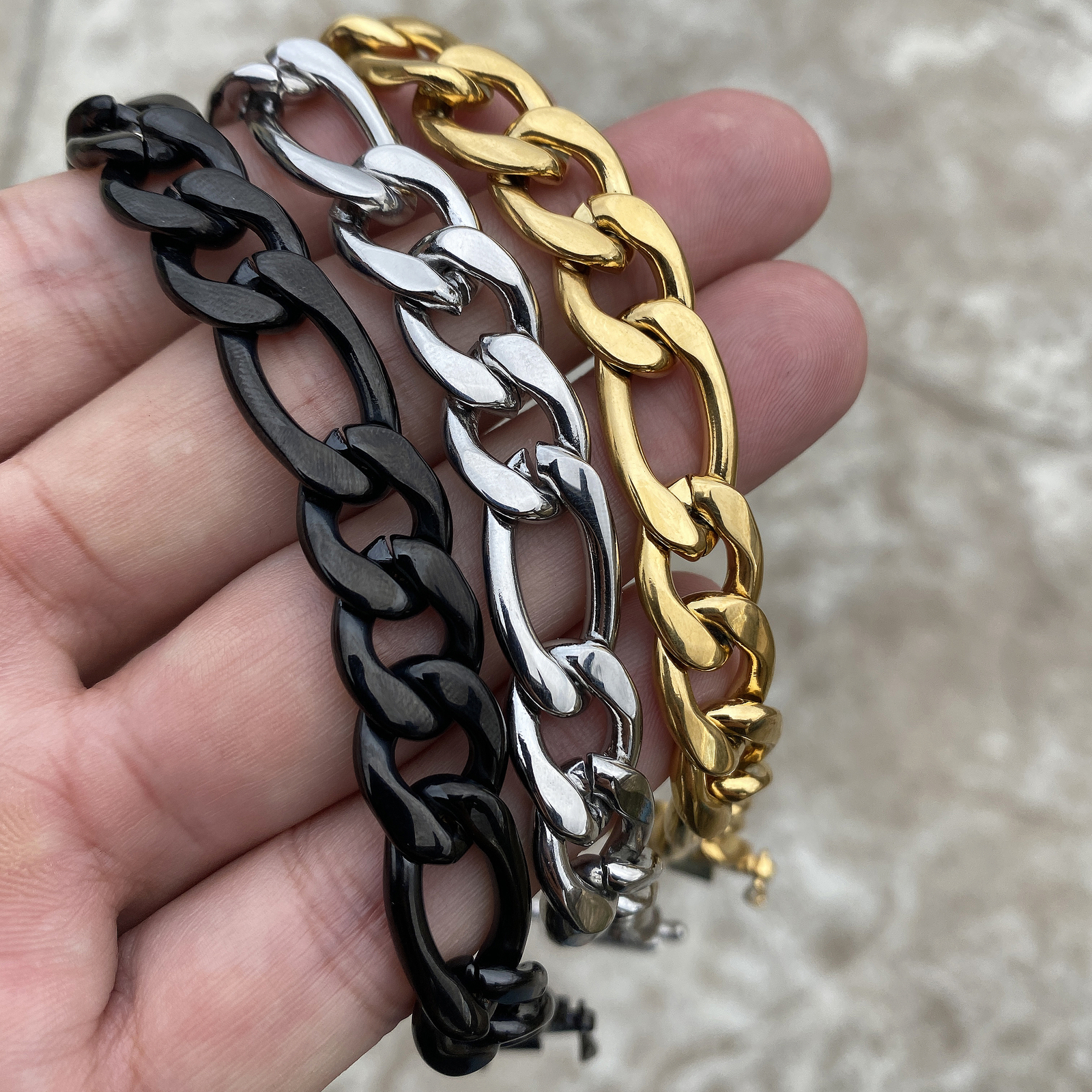 Stainless Steel Figaro Bracelet 24k Gold Plated, Silver, or Black 8.5″ 12 MM