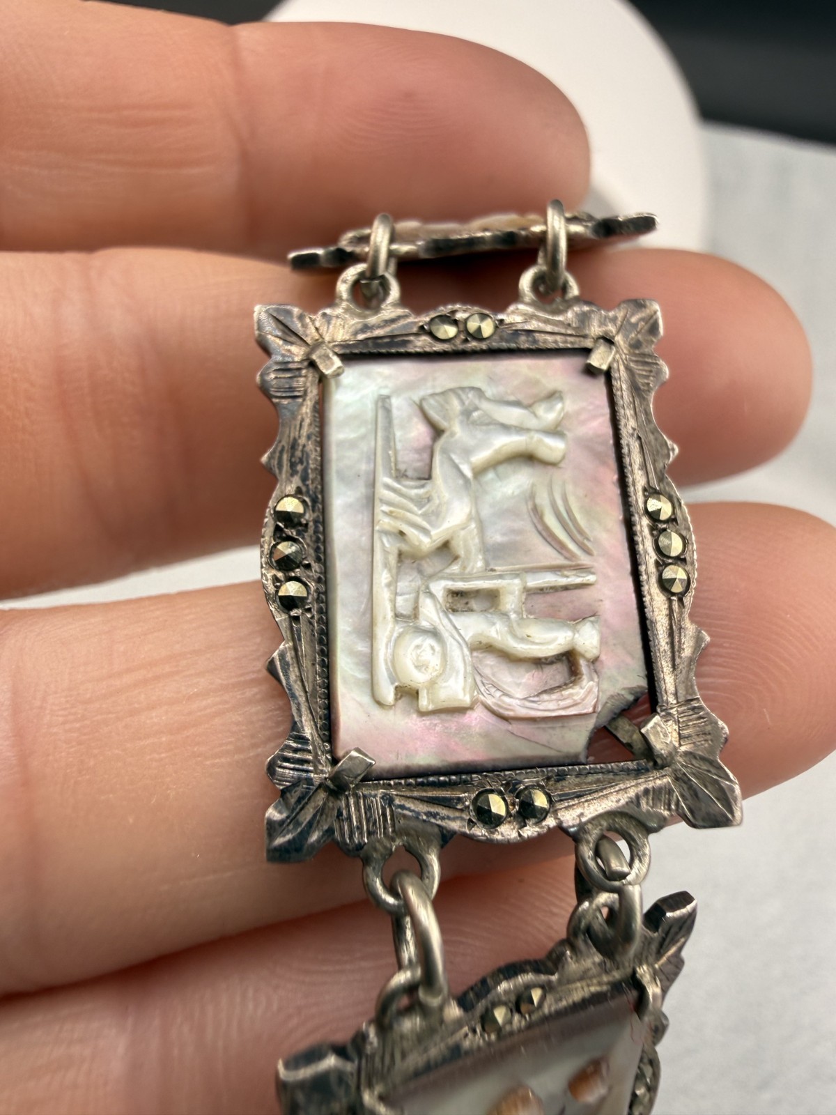 Vintage 800 Silver Carved Mother Of Pearl Bracelet Storyteller Roman Gods READ