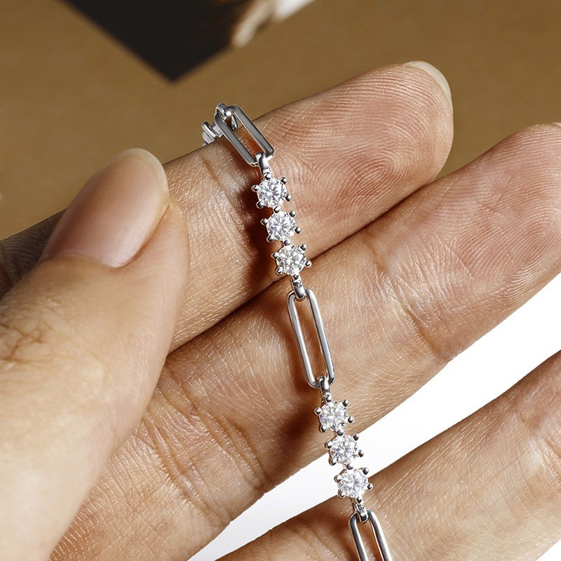 3mm Round Real Moissanite Women Paper Clip Chain Bracelet 925 Sterling Silver