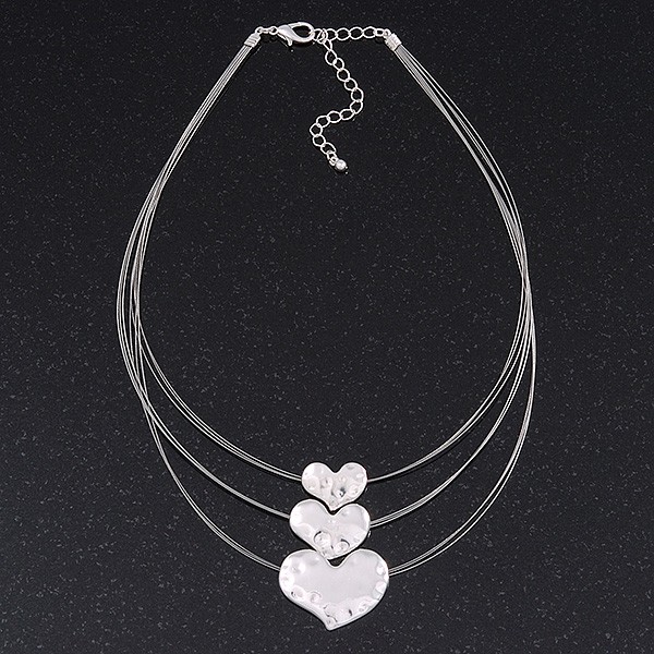 3 Strand ‘Heart’ Wire Necklace In Silver Plating – 36cm Length/ 6cm Extension