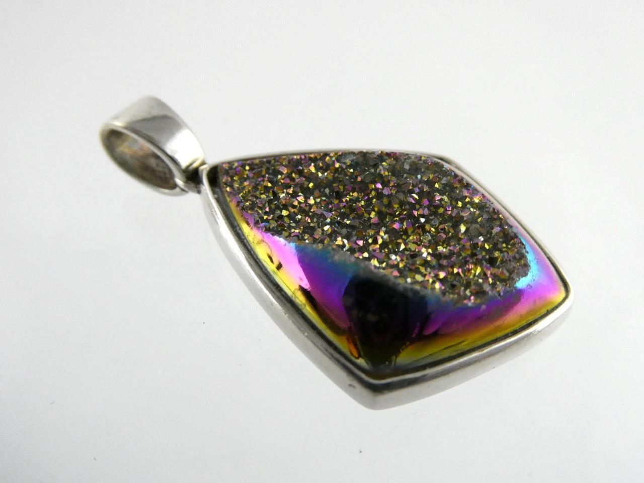 JH Sterling Silver Druzy Aura Quartz Pendant 925 1.5 Inch Length 8.8 Grams
