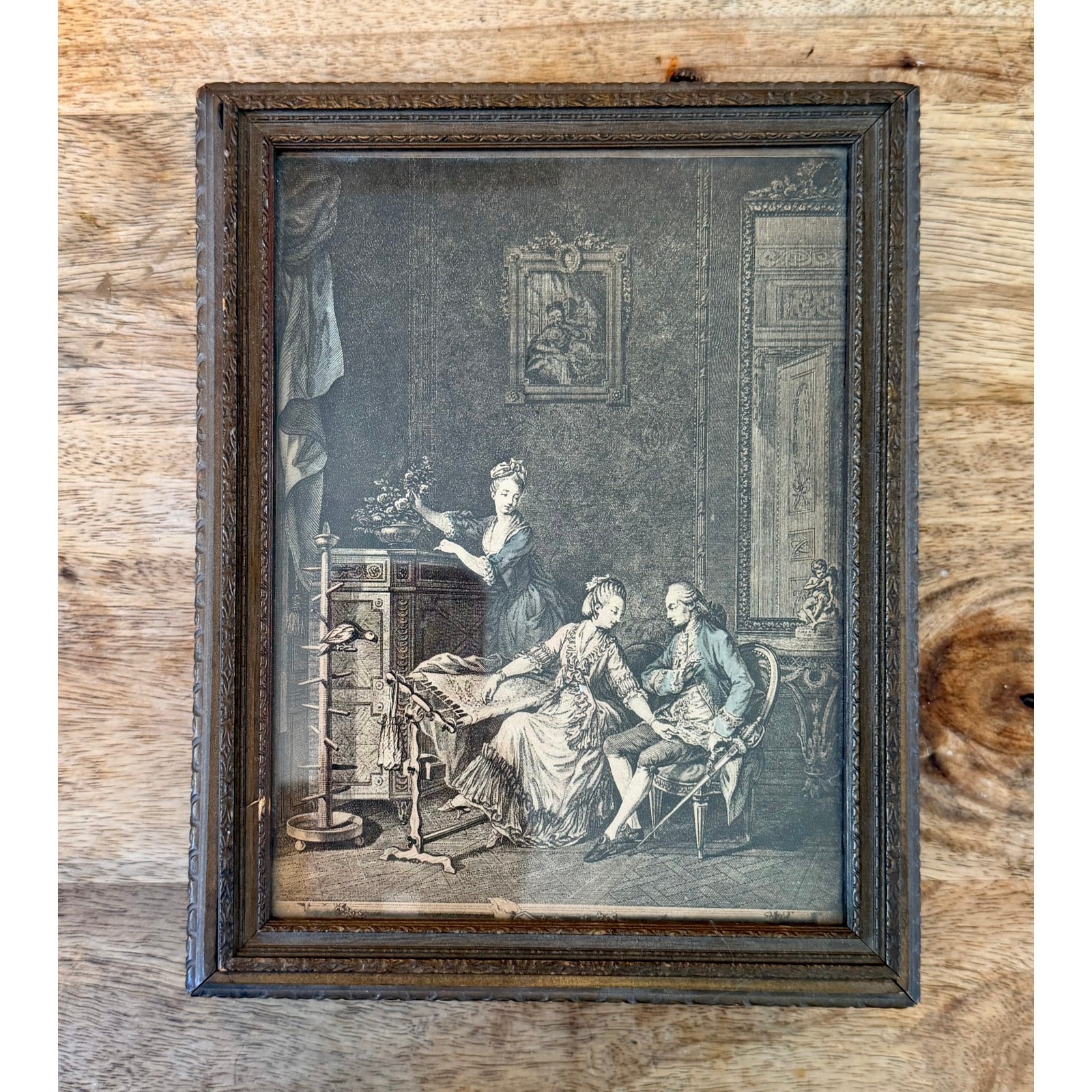 Antique Wood Jewelry Box French Salon Engraving Lid Mirror Compartments 1920s