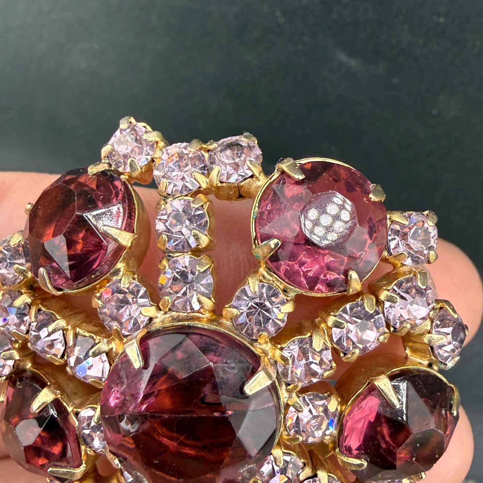 Vintage Purple Rhinestone Brooch Gold Tone Flawless Sparkle