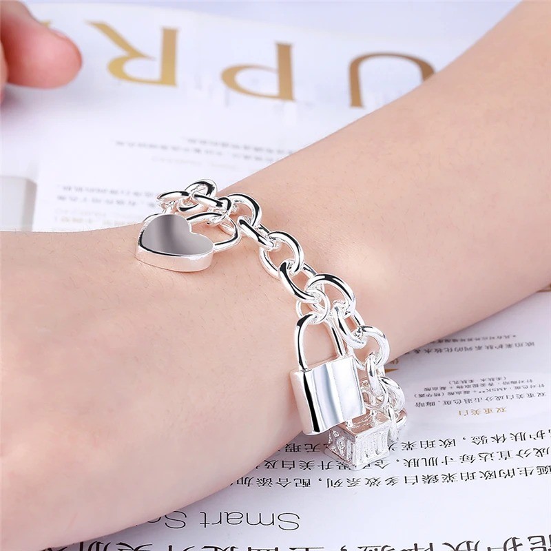 925 Sterling Silver Charm Heart Square Round Lock Necklace Bracelet Set Jewelry
