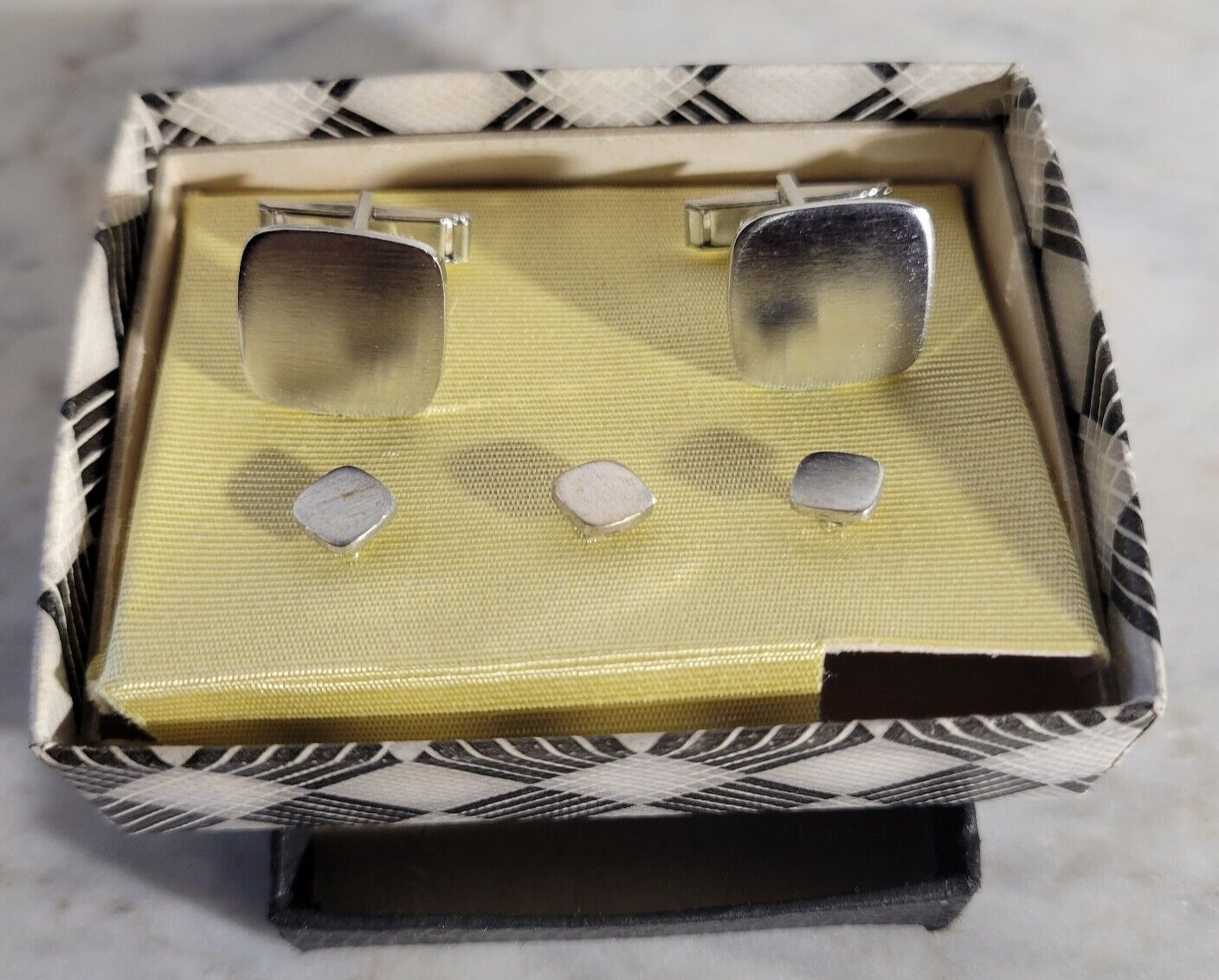 Vintage Silvertone Shiny Brush Matte Square Minimalist Cufflinks And Buttons