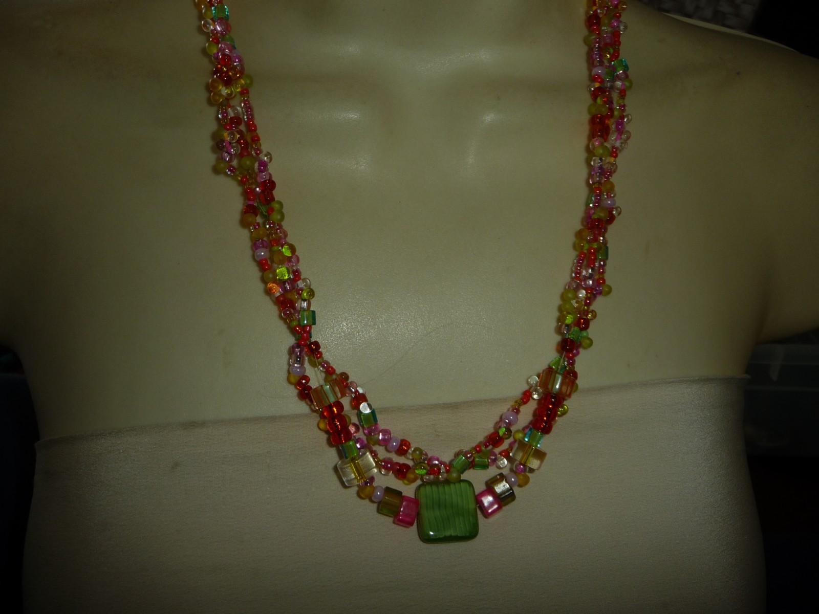 3 STRANDS OF MULTI COLORED GLASS BEAD BIB 10” L BEADS NECKLACE #12/20