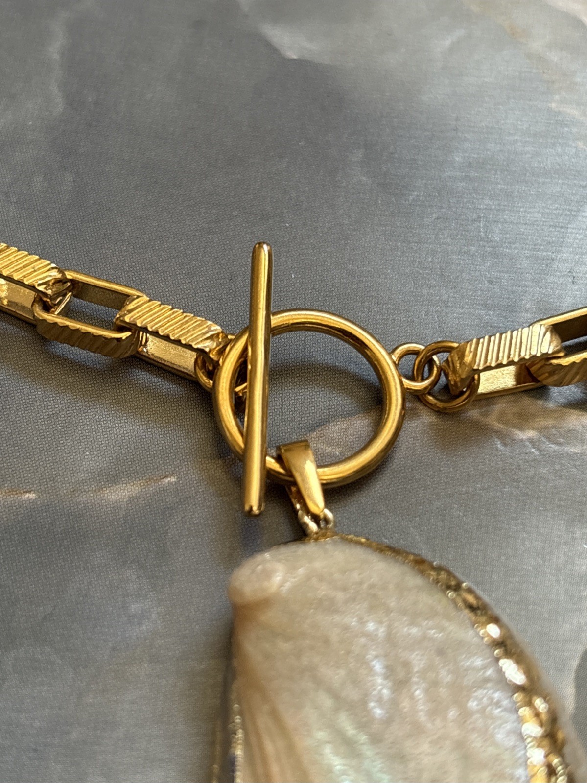Boutique Gold Plated Chain Dipped Toggle Necklace With Iridescent Shell Pendant