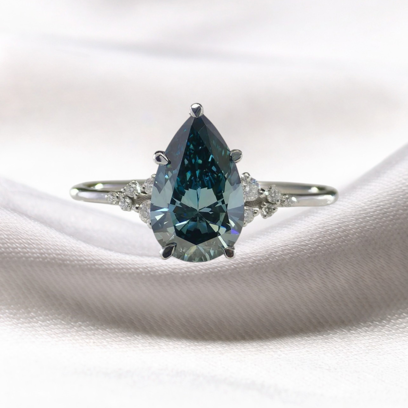 18K White Gold Fancy Intense Blue 2.15 CT Pear Cut Lab Grown Diamond Women Ring