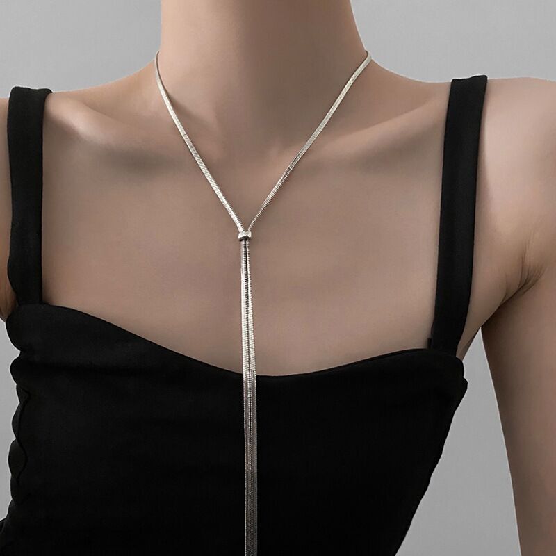 Women 18k Gold Plated Herringbone Chain Snake Necklace Tie Beaded Slide Tassel